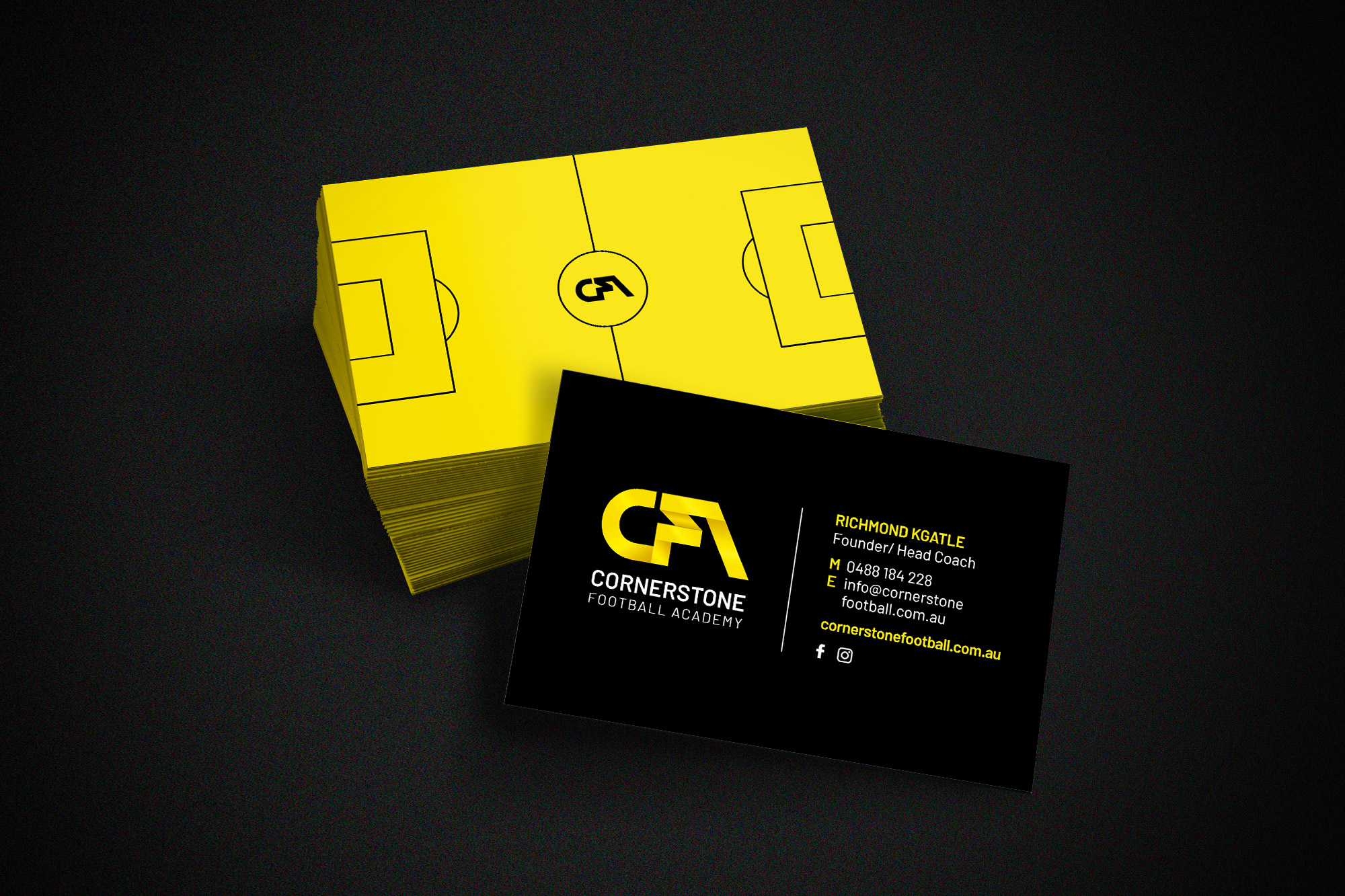 Black and yellow business card designs for Cornerstone Football Academy